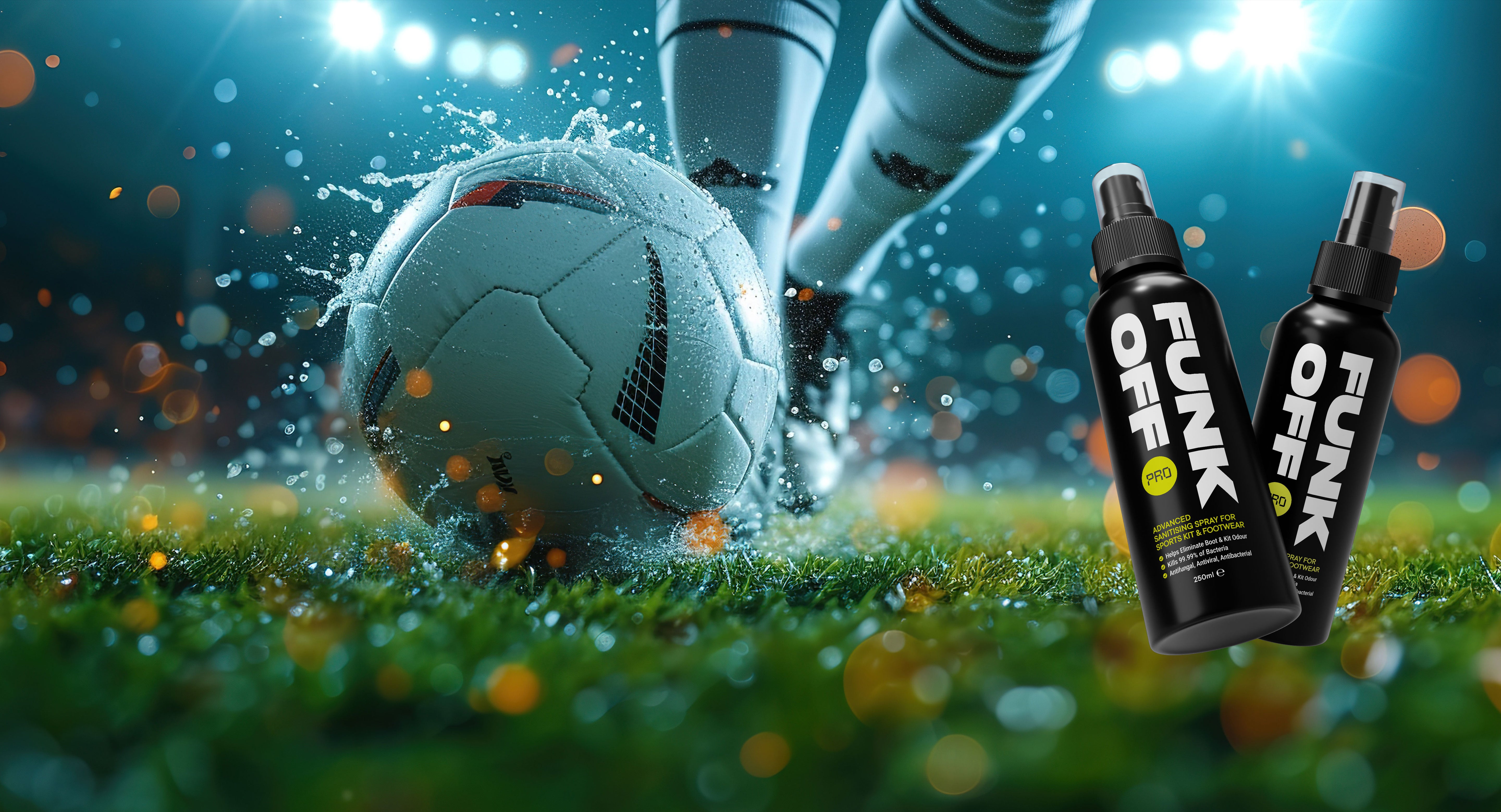 Soccer player kicking a ball with Funk Off PRO spray bottles in the foreground on a sports field.